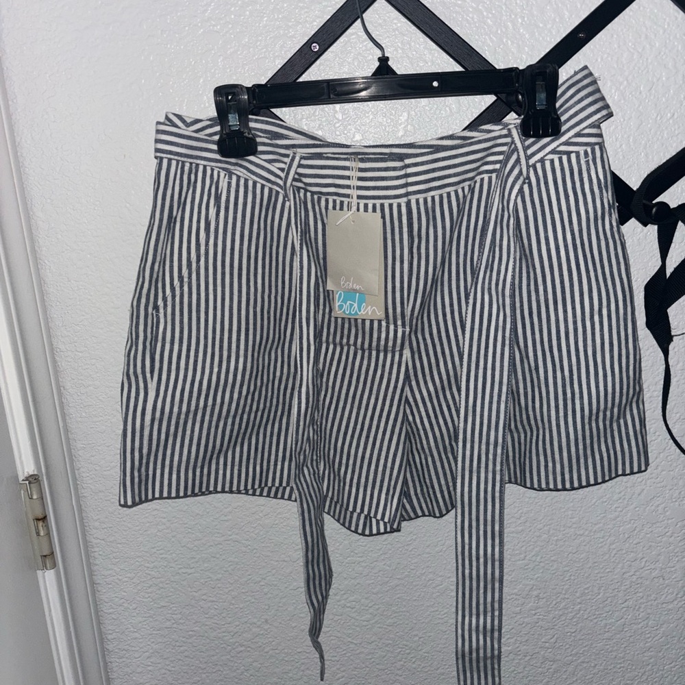 Boden Cora Striped Linen Tie Waist Shorts Blue White US 6 NWT Summer Beach Casua - Picture 2 of 5